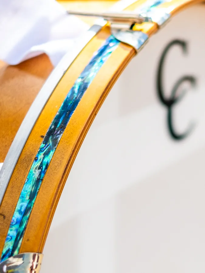 Bass drum with an abalone inlay